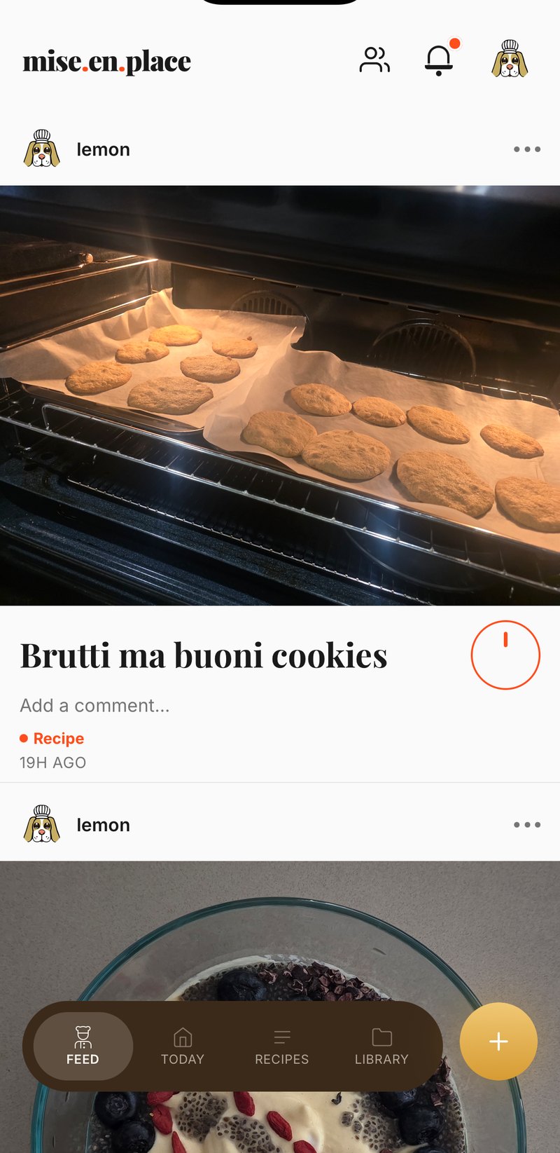 The mise en place feed: a post by lemon showing a tray of Brutti ma buoni cookies in the oven